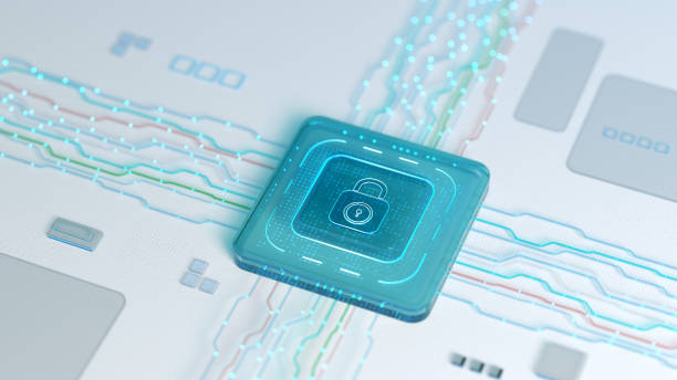 Blue computer chip with a padlock icon superimposed on top